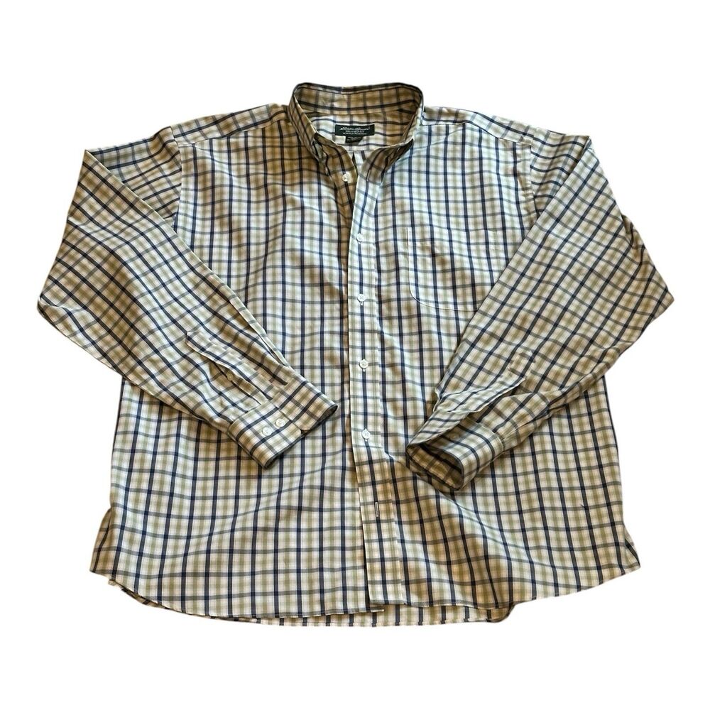 Eddie Bauer Mens XL Long Sleeve Button Down Shirt Green Navy Plaid Relaxed Fit